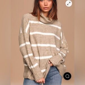Lulu’s Bundled Up Beige & White Striped Oversized Turtleneck Sweater
